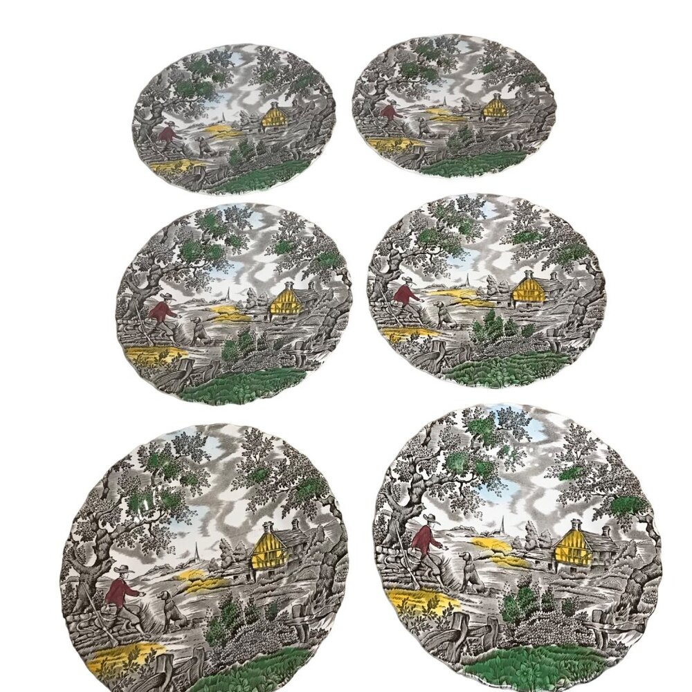 Myott Plates The Hunter Bread Dessert Set Of 6 England 6.75" Diameter